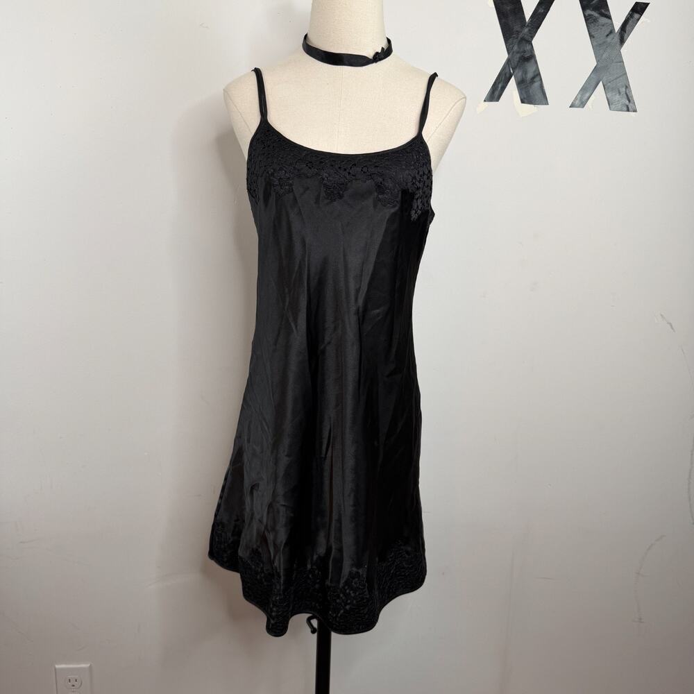 Vintage 90s Minimal Lace Overlay Eyelet Floral Scoop Back Flared Slip Dress S